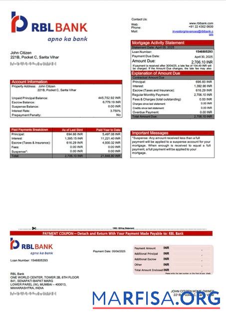 Blank India RBL Bank mortgage statement Word and PDF template